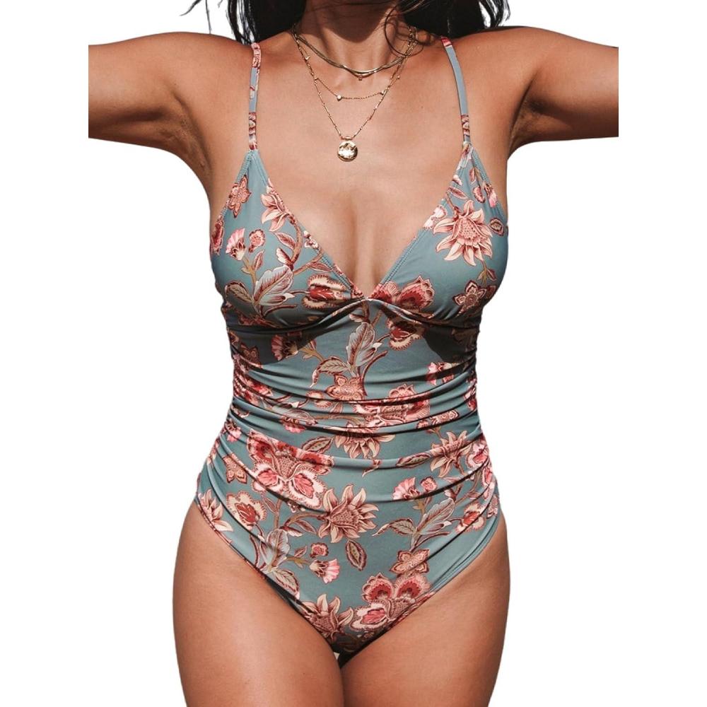 imageCUPSHE Womens One Piece Swimsuit Tummy Control V Neck Bathing SuitsRetro Floral