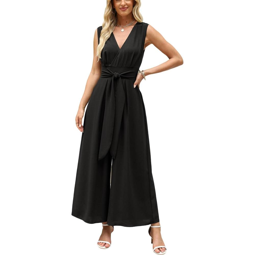 imageCUPSHE Womens Sleeveless V Neck Jumpsuit Summer Tied Wide Leg One Piece Romper Casual Elegant Outfit Beach VacationBlack