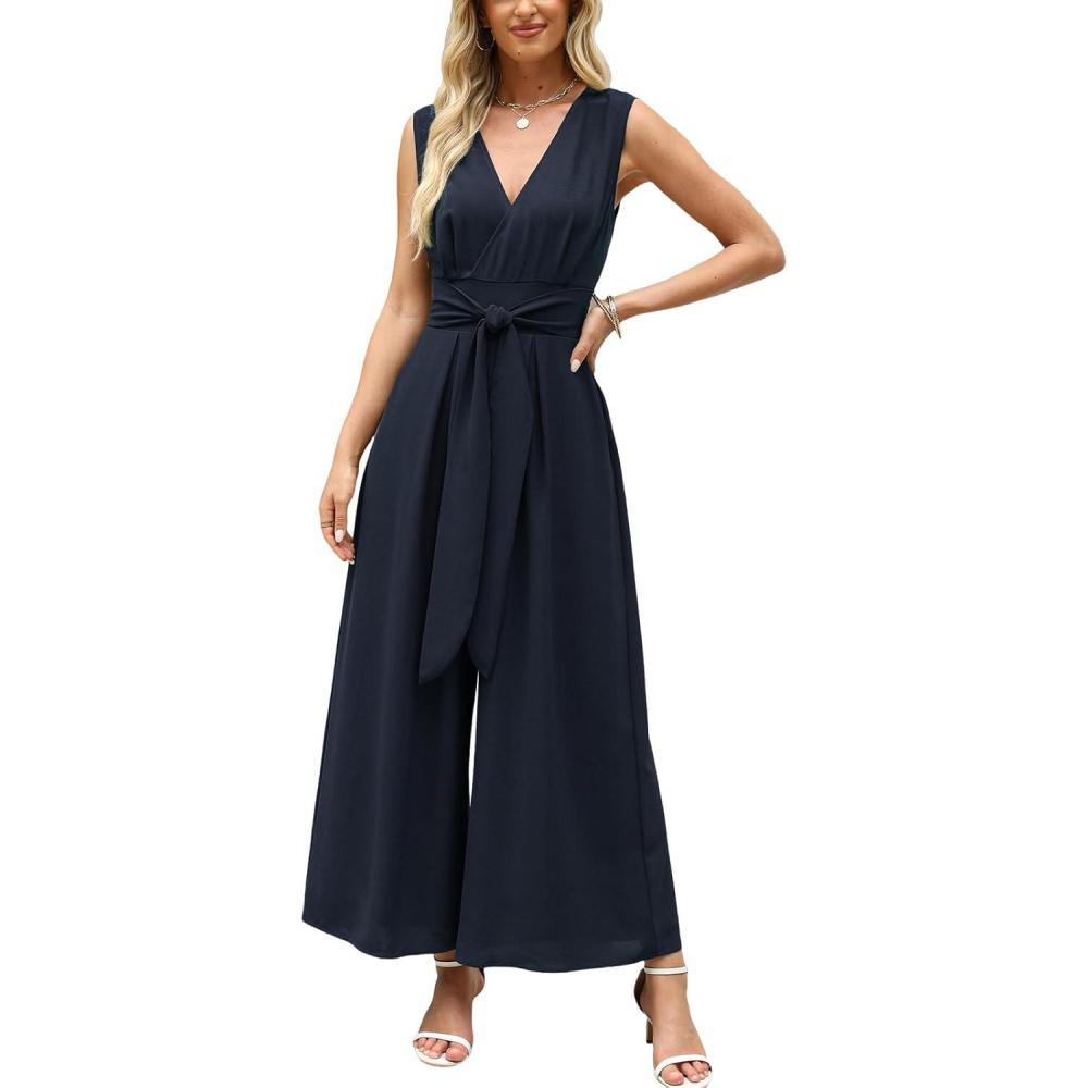 imageCUPSHE Womens Sleeveless V Neck Jumpsuit Summer Tied Wide Leg One Piece Romper Casual Elegant Outfit Beach VacationNavy Blue