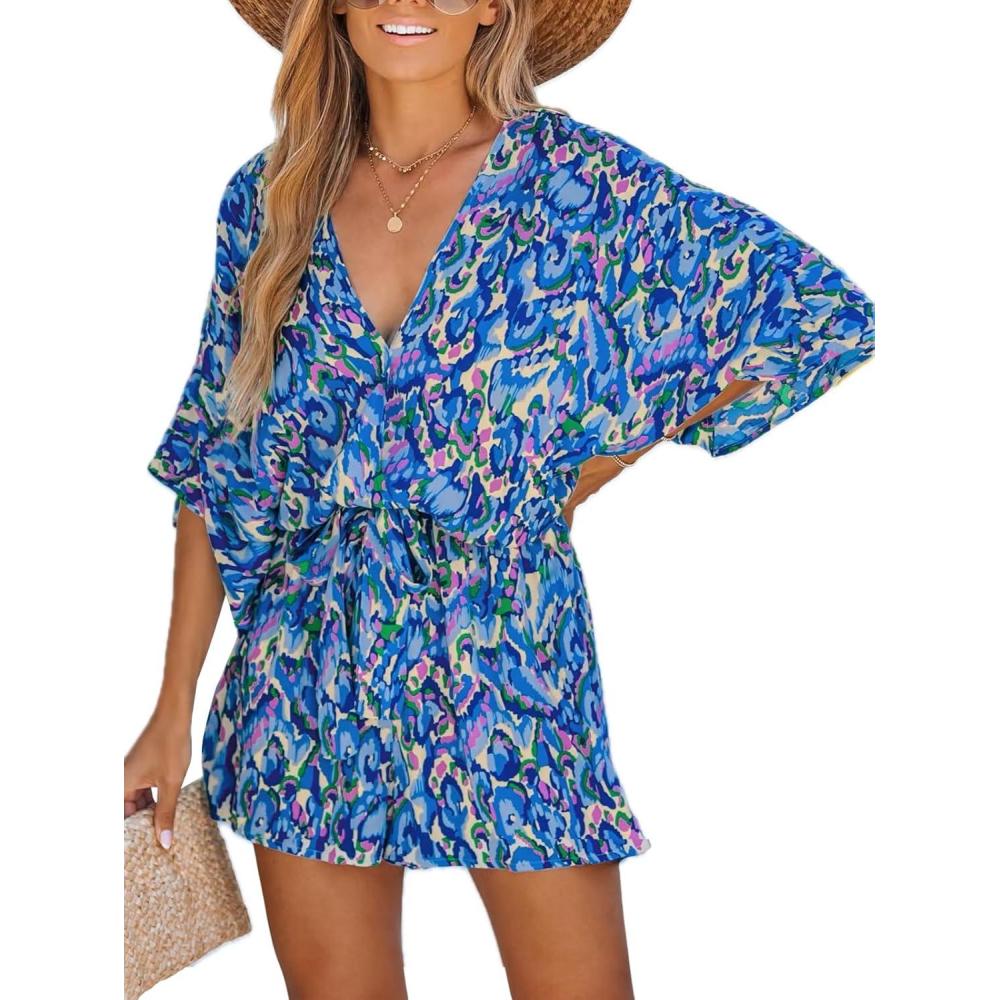 imageCUPSHE Womens Summer Romper Lace Up Printed Half Sleeves Casual Wide leg Vacation Outfit Mini One Piece JumpsuitBlue