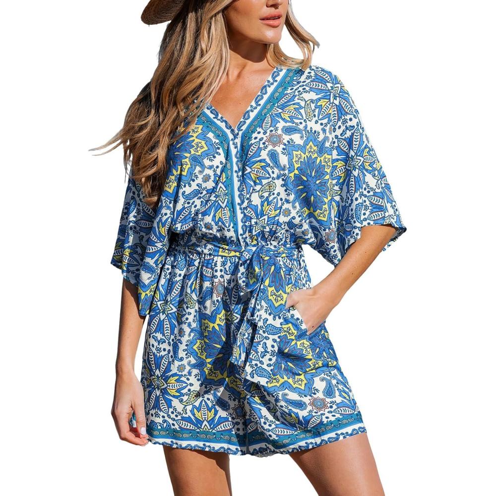 imageCUPSHE Womens Summer Romper Lace Up Printed Half Sleeves Casual Wide leg Vacation Outfit Mini One Piece JumpsuitBlue Paisley