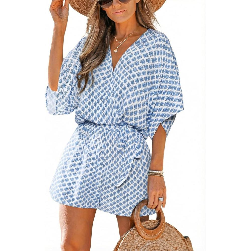 imageCUPSHE Womens Summer Romper Lace Up Printed Half Sleeves Casual Wide leg Vacation Outfit Mini One Piece JumpsuitLight Blue Printed