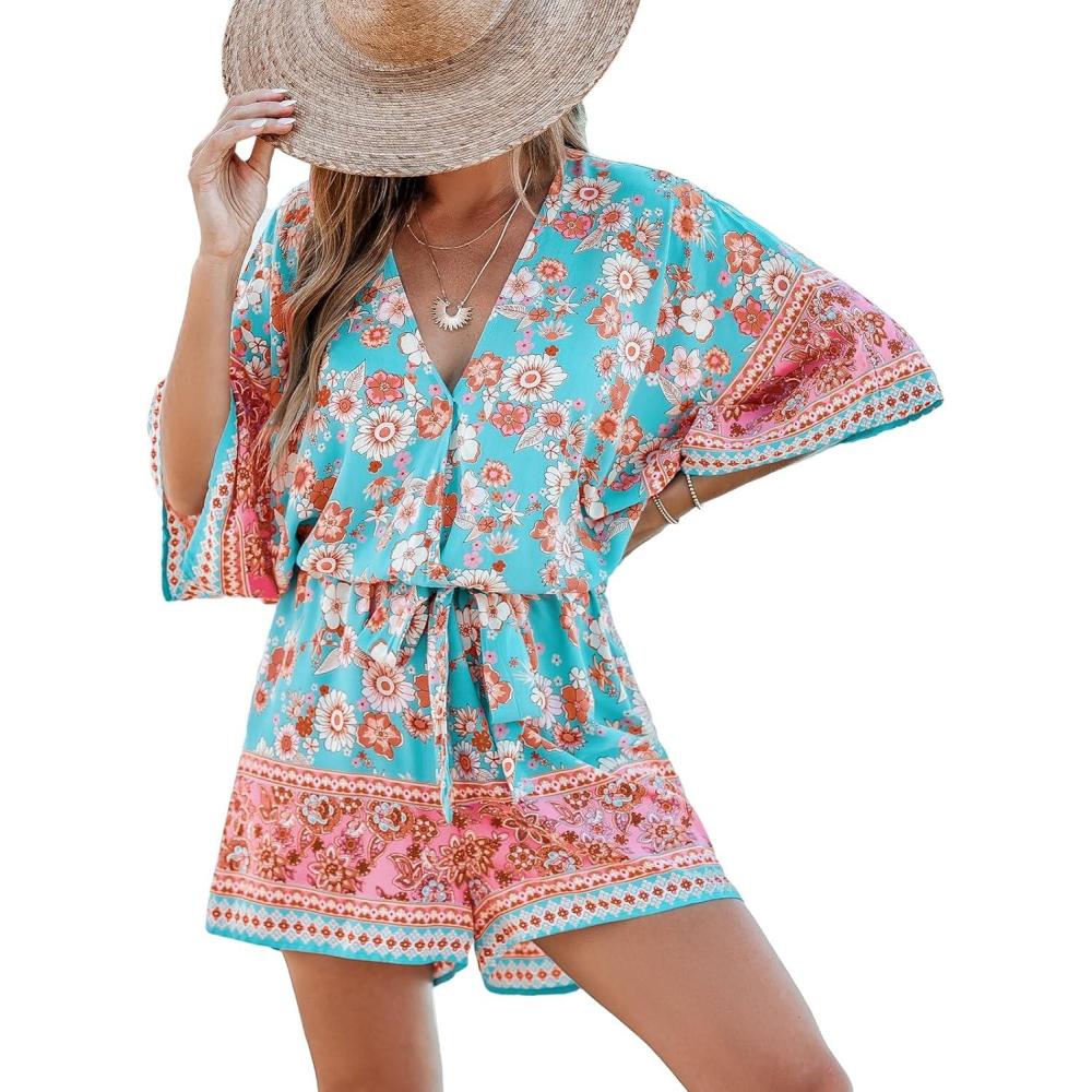 imageCUPSHE Womens Summer Romper Lace Up Printed Half Sleeves Casual Wide leg Vacation Outfit Mini One Piece JumpsuitMint Floral