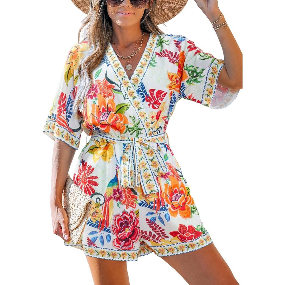 imageCUPSHE Womens Summer Romper Lace Up Printed Half Sleeves Casual Wide leg Vacation Outfit Mini One Piece JumpsuitRed Floral