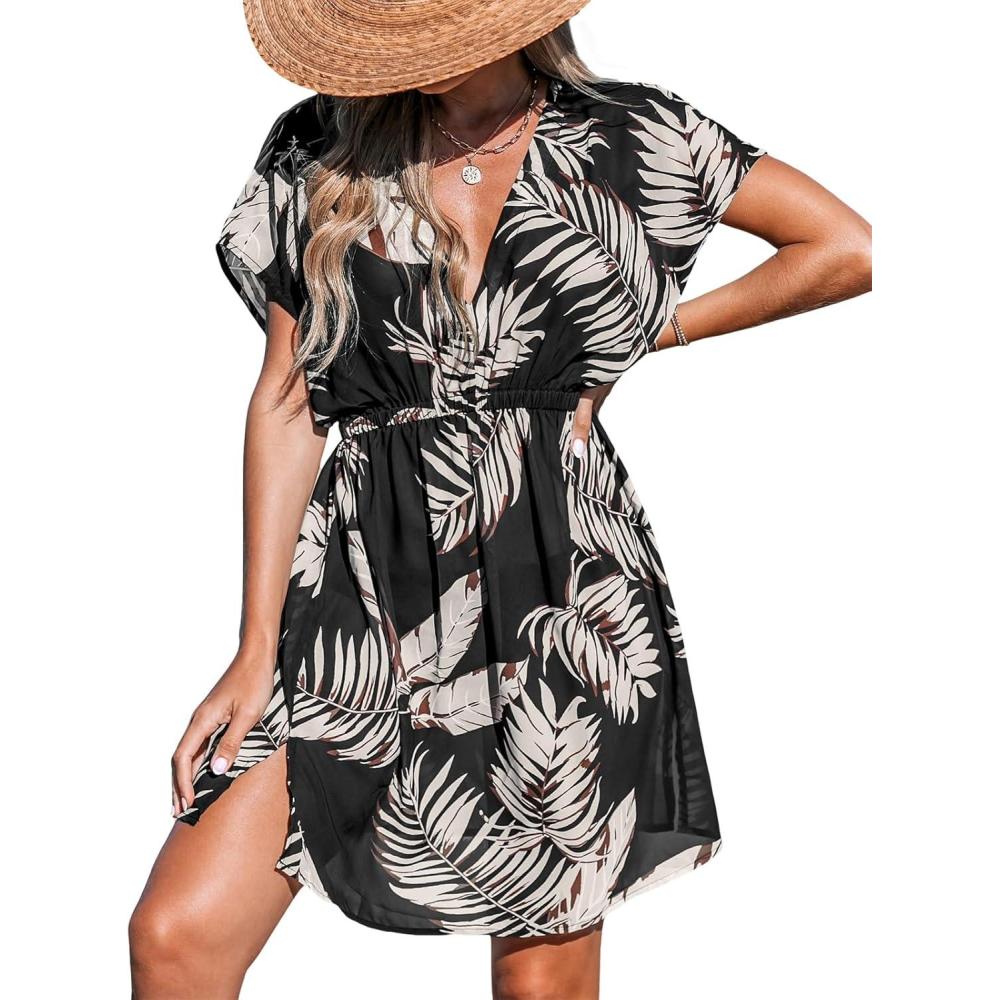 imageCUPSHE Womens Swimsuit Coverup Casual V Neck Beach Dress Short Sleeve Elastic Waist Swimwear Cover Ups 2026 BeachwearBrown Leaf
