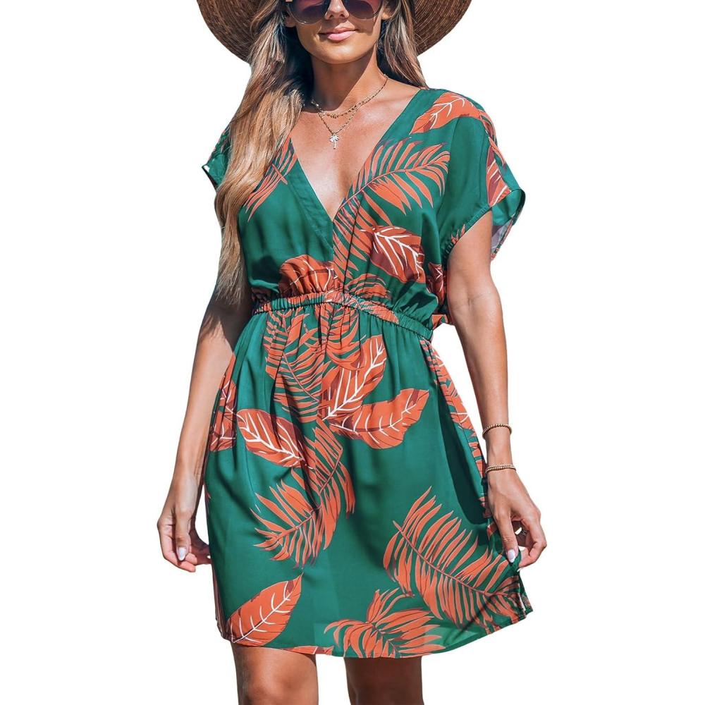 imageCUPSHE Womens Swimsuit Coverup Casual V Neck Beach Dress Short Sleeve Elastic Waist Swimwear Cover Ups 2026 BeachwearOrange Leaf
