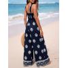 CUPSHE Women Paisley Summer Jumpsuits Beach Vacation Square Neck Sleeveless Smocked High Waist Wide Leg Jumpsuit(Navy Blue)