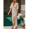CUPSHE Women Swimsuit Coverup Deep V Neck Half Sleeve Maxi Coverup Dress(Khaki)