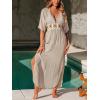 CUPSHE Women Swimsuit Coverup Deep V Neck Half Sleeve Maxi Coverup Dress(Khaki)