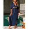 CUPSHE Women Swimsuit Coverup Deep V Neck Half Sleeve Maxi Coverup Dress(Navy)