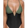 CUPSHE Women Swimsuit One Piece Bathing Suit Deep V Neck Crisscross Back Adjustable Strap(Green/Black)