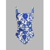 CUPSHE Women Swimsuit One Piece Bathing Suit Square Neck Cutout Back Tummy Control with Adjustable Spaghetti Straps(White/Blue Floral)