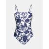 CUPSHE Women Swimsuit One Piece Bathing Suit Square Neck Cutout Back Tummy Control with Adjustable Spaghetti Straps(White/Navy Blue Floral)