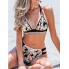 CUPSHE Women’s Bikini Sets Two Piece Swimsuit Halter V Neck Back Hook Cutout Stitching Cheeky Bottom(Black/Pink Floral)