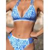 CUPSHE Women’s Bikini Sets Two Piece Swimsuit Halter V Neck Back Hook Cutout Stitching Cheeky Bottom(Blue/White Floral)