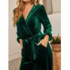 CUPSHE Women’s Long Jumpsuits V Neck Long Sleeve Belted Overall Casual Velvet Wide Leg Pockets Maxi Rompers(Green)