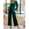 CUPSHE Women’s Long Jumpsuits V Neck Long Sleeve Belted Overall Casual Velvet Wide Leg Pockets Maxi Rompers(Green)