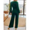 CUPSHE Women’s Long Jumpsuits V Neck Long Sleeve Belted Overall Casual Velvet Wide Leg Pockets Maxi Rompers(Green)