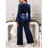 CUPSHE Women’s Long Jumpsuits V Neck Long Sleeve Belted Overall Casual Velvet Wide Leg Pockets Maxi Rompers(Navy Blue)