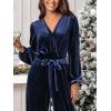 CUPSHE Women’s Long Jumpsuits V Neck Long Sleeve Belted Overall Casual Velvet Wide Leg Pockets Maxi Rompers(Navy Blue)