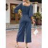 CUPSHE Women’s One Piece Jumpsuits Dressy 3/4 Sleeve Square Neck Overalls Wide Leg Pants Rompers Vacation Outfits(Navy Blue)