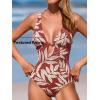 CUPSHE Women’s One Piece Swimsuit Deep V Neck Keyhole Cutout O Ring Textured Bathing Suit(Brown/Tropical)