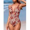 CUPSHE Women’s One Piece Swimsuit Deep V Neck Keyhole Cutout O Ring Textured Bathing Suit(Brown/Tropical)