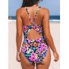CUPSHE Women’s One Piece Swimsuit Deep V Neck Keyhole Cutout O Ring Textured Bathing Suit(Navy Blue/Floral)