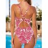 CUPSHE Women’s One Piece Swimsuit Deep V Neck Keyhole Cutout O Ring Textured Bathing Suit(Red Abstract Leaf)