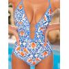 CUPSHE Women’s One Piece Swimsuit Halter Plunging Neck Cutout Back Bathing Suit Spaghetti Adjustable Straps O Ring(Blue/Orange Floral)