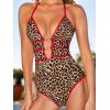 CUPSHE Women’s One Piece Swimsuit Halter Plunging Neck Cutout Back Bathing Suit Spaghetti Adjustable Straps O Ring(Red/Brown Leopard)