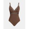 CUPSHE Women’s One Piece Swimsuit Scalloped V Neck Bathing Suit Mesh Cutout Adjustable Straps Spaghetti Textured Sexy(Taupe Brown)