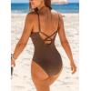 CUPSHE Women’s One Piece Swimsuit Scalloped V Neck Bathing Suit Mesh Cutout Adjustable Straps Spaghetti Textured Sexy(Taupe Brown)