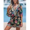 CUPSHE Women’s Summer Romper Lace Up Printed Half Sleeves Casual Wide leg Vacation Outfit Mini One Piece Jumpsuit(Black Floral)