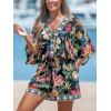 CUPSHE Women’s Summer Romper Lace Up Printed Half Sleeves Casual Wide leg Vacation Outfit Mini One Piece Jumpsuit(Black Floral)