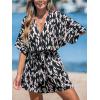 CUPSHE Women’s Summer Romper Lace Up Printed Half Sleeves Casual Wide leg Vacation Outfit Mini One Piece Jumpsuit(Black Printed)