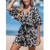 CUPSHE Women’s Summer Romper Lace Up Printed Half Sleeves Casual Wide leg Vacation Outfit Mini One Piece Jumpsuit(Black Printed)