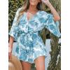 CUPSHE Women’s Summer Romper Lace Up Printed Half Sleeves Casual Wide leg Vacation Outfit Mini One Piece Jumpsuit(Blue Floral)