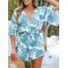 CUPSHE Women’s Summer Romper Lace Up Printed Half Sleeves Casual Wide leg Vacation Outfit Mini One Piece Jumpsuit(Blue Floral)