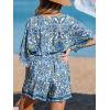CUPSHE Women’s Summer Romper Lace Up Printed Half Sleeves Casual Wide leg Vacation Outfit Mini One Piece Jumpsuit(Blue Paisley)