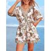 CUPSHE Women’s Summer Romper Lace Up Printed Half Sleeves Casual Wide leg Vacation Outfit Mini One Piece Jumpsuit(Brown Printed)