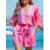 CUPSHE Women’s Summer Romper Lace Up Printed Half Sleeves Casual Wide leg Vacation Outfit Mini One Piece Jumpsuit(Hot Pink)