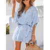 CUPSHE Women’s Summer Romper Lace Up Printed Half Sleeves Casual Wide leg Vacation Outfit Mini One Piece Jumpsuit(Light Blue Printed)