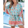 CUPSHE Women’s Summer Romper Lace Up Printed Half Sleeves Casual Wide leg Vacation Outfit Mini One Piece Jumpsuit(Mint Floral)