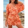 CUPSHE Women’s Summer Romper Lace Up Printed Half Sleeves Casual Wide leg Vacation Outfit Mini One Piece Jumpsuit(Orange)