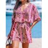 CUPSHE Women’s Summer Romper Lace Up Printed Half Sleeves Casual Wide leg Vacation Outfit Mini One Piece Jumpsuit(Pink Abstract)