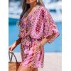 CUPSHE Women’s Summer Romper Lace Up Printed Half Sleeves Casual Wide leg Vacation Outfit Mini One Piece Jumpsuit(Pink Abstract)