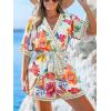 CUPSHE Women’s Summer Romper Lace Up Printed Half Sleeves Casual Wide leg Vacation Outfit Mini One Piece Jumpsuit(Red Floral)