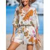 CUPSHE Women’s Summer Romper Lace Up Printed Half Sleeves Casual Wide leg Vacation Outfit Mini One Piece Jumpsuit(White Printed)