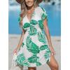 CUPSHE Women’s Swimsuit Coverup Casual V Neck Beach Dress Short Sleeve Elastic Waist Swimwear Cover Ups 2026 Beachwear(White Green Leaf)